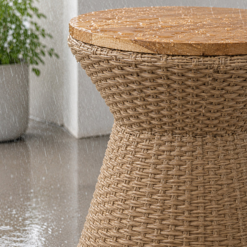 Tabouret en polyrattan 14,2 "avec couvercle en bois et table d'appoint intérieure en résine naturelle SOLHome