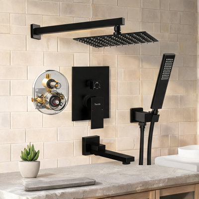 Wall-Mounted Rain Shower System with Handheld and Tub Faucet, Matte Black Square Design for Contemporary Bathrooms