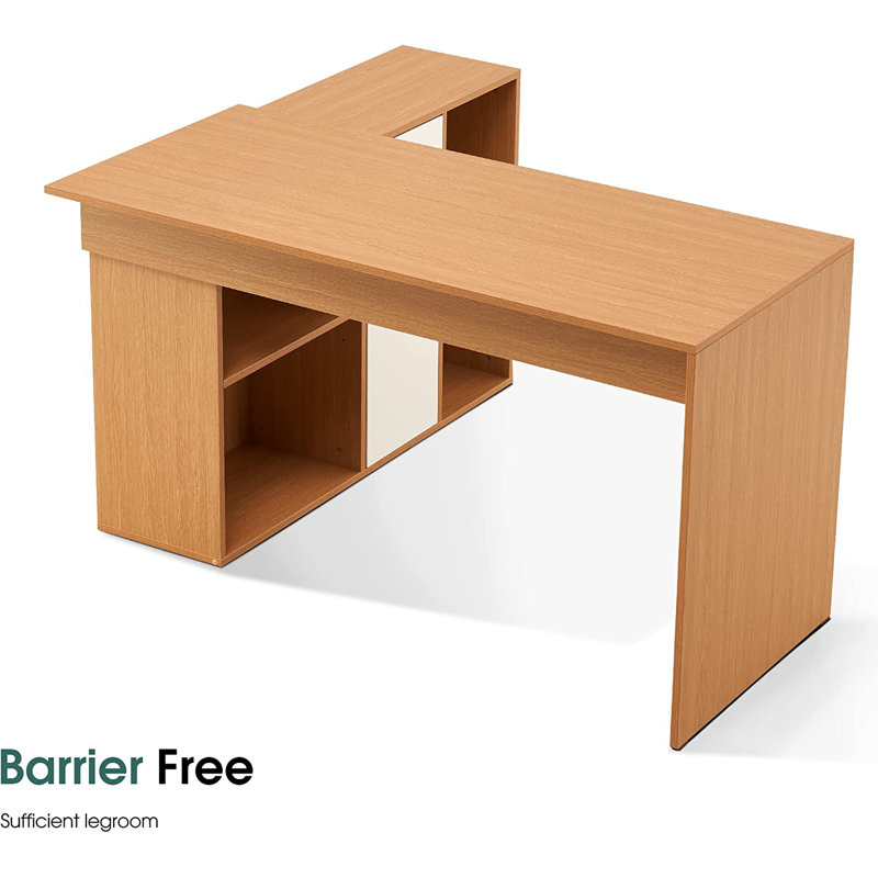 Eujin 53'' W L Shaped  Convertible Desk with Storage Drawer Printer Shelves and File Cabinet, Oak