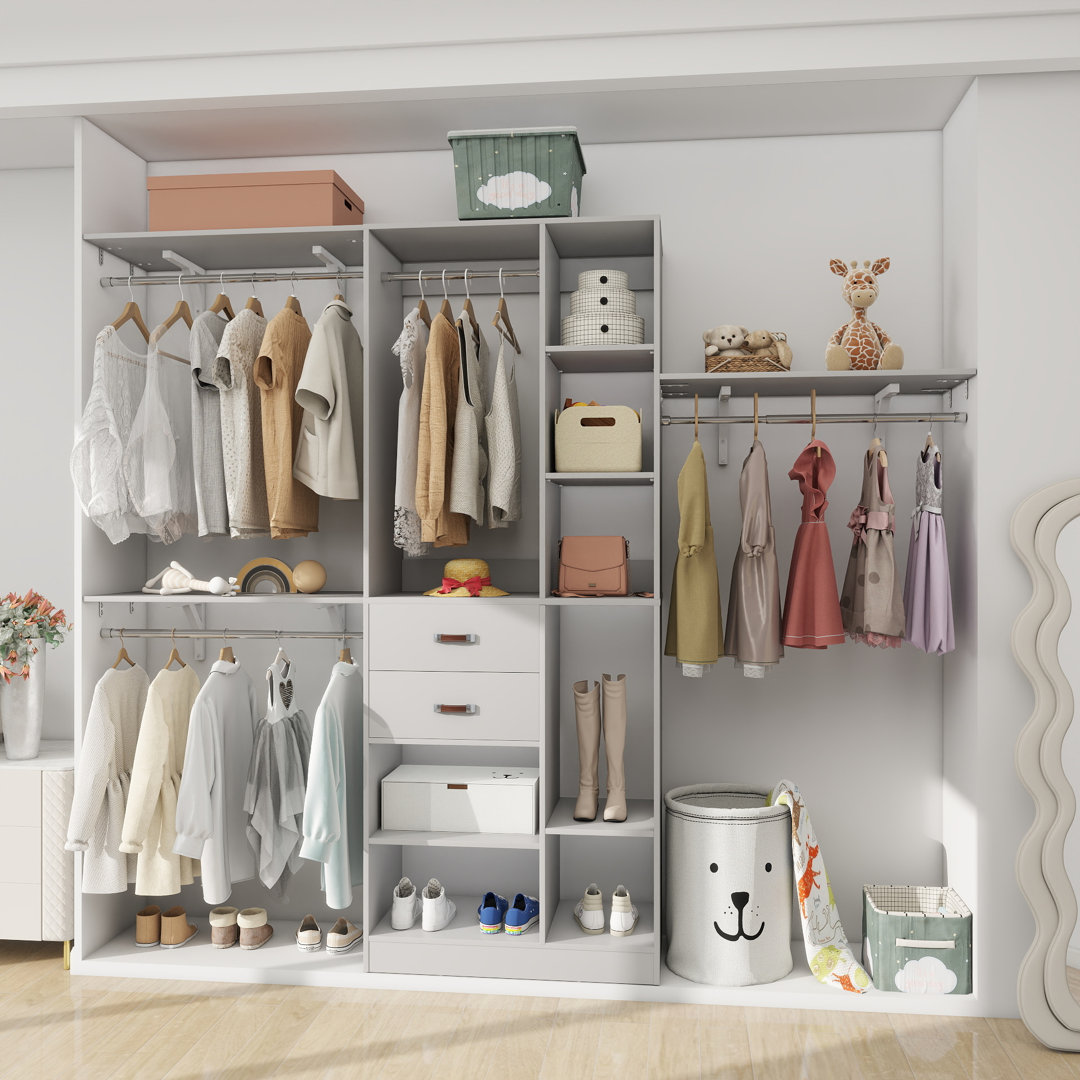 Rhandy 96" Closet System With Wooden Drawers & 13 Shelves (Can Be Cut To Fit) Rebrilliant 