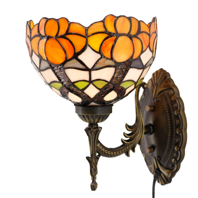 Tiffany Wall Sconce Lamp Plug In or Hardwire Wall Light with 8 Inch Yellow Stained Glass Flower Lampshade 8X10.5X11 Inch, Base, 6ft Cord with On/Off Switch, Bulb Not Included