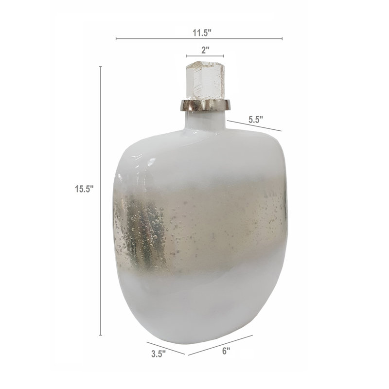 Bouteille en verre avec bouchon avec couvercle, 11,5 po x 5,5 po x 15,5 po, blanc / argent, H 15,5 po x l 11,5 po x P 5,5 po