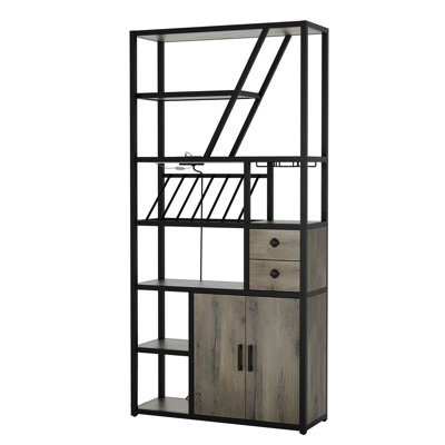 71 inch Gray Modern Industrial Wine Console with LED Lighting and Power Ports Dual-Door Storage Cabinet Adjustable Shelving & Iron Frame for Kitchen Dining