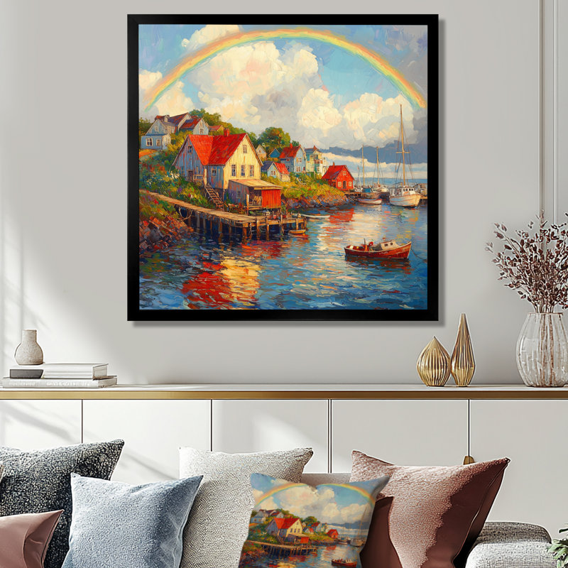 Allmar Coastal Rainbow Over The Fishing Village II - art mural arc-en-ciel pour le salon, Noir, noir, noir, noir