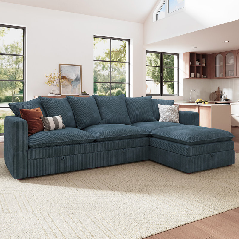 Canapé modulaire en L avec rangement en L, Velours côtelé bleu