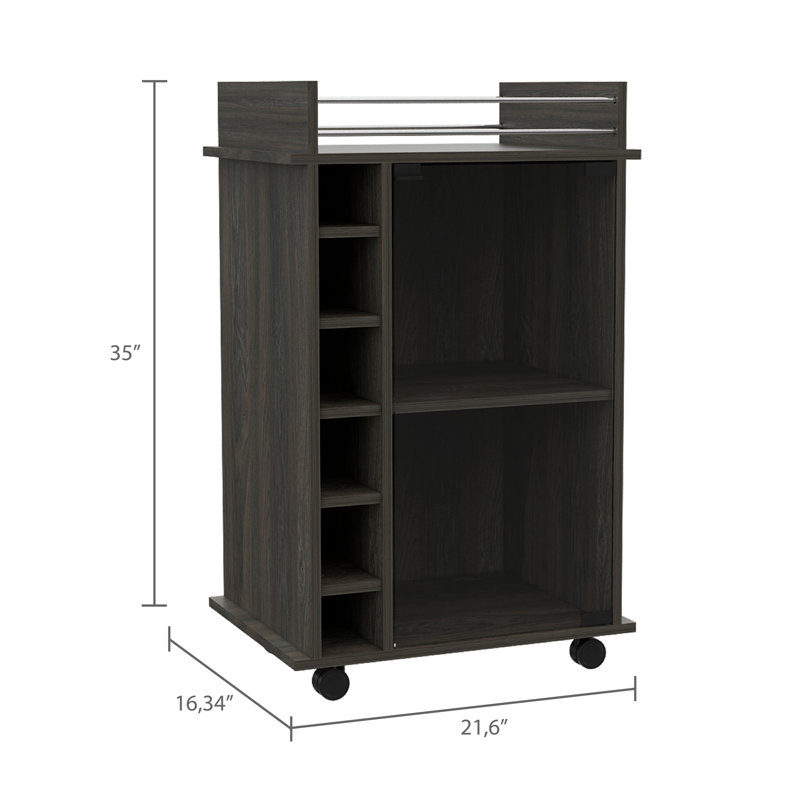 Chariot-bar moderne, deux tablettes, six supports à vin intégrés, quatre roulettes - espresso, Brun