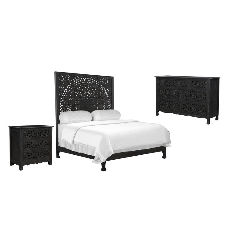 Ensemble de chambre à coucher configurable standard en bois massif Aarohi, Grand lit, Gris calcaire