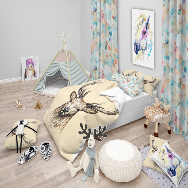 Ensemble de housse de couette designart engrave cerf d’esquisse d’animaux, Housse de couette grand + 2 taies décoratives