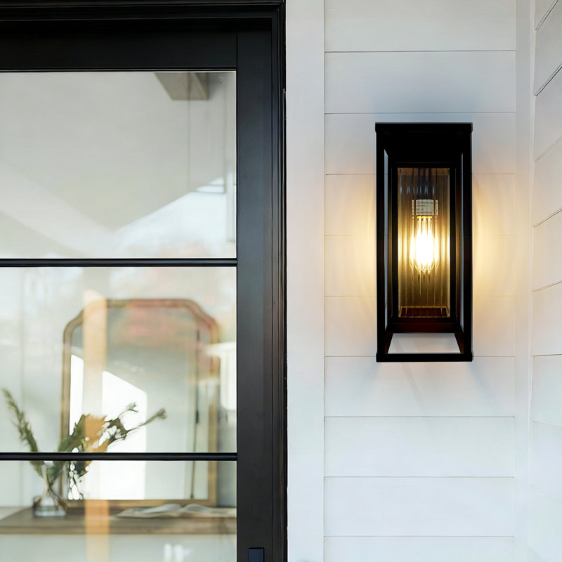 14" Black Outdoor Wall Light With Striped Tempered Glass, Rectangular Outdoor Wall Sconce For Porch & Patio（2 Pack)