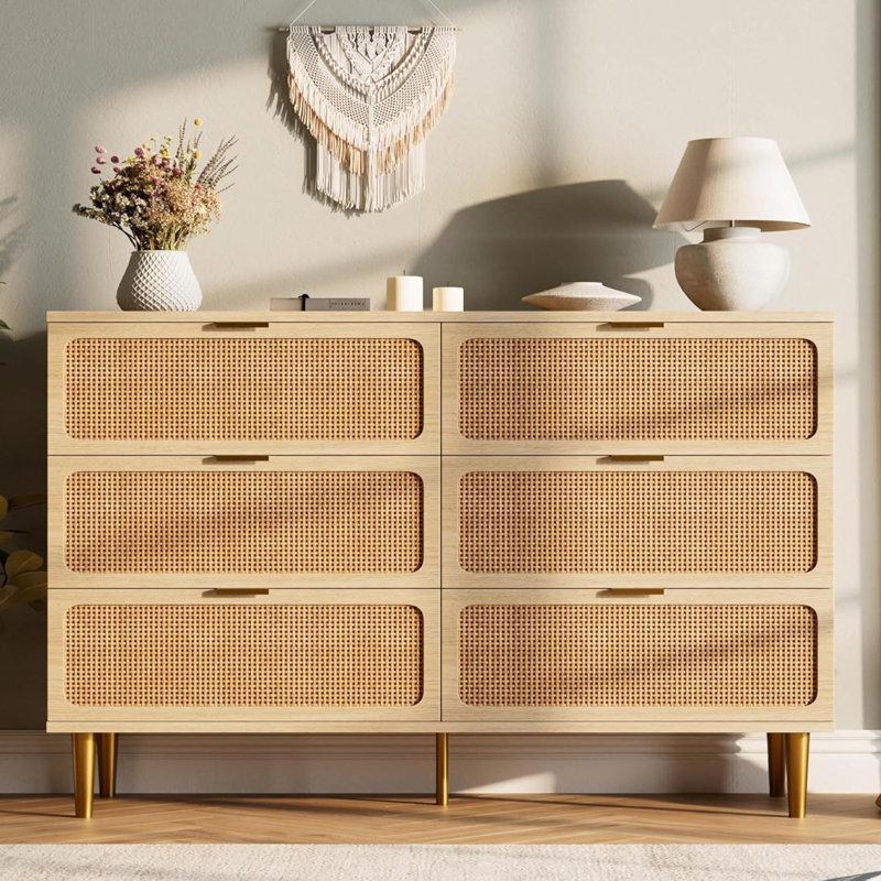 Rattan 6 Drawer Dresser For Bedroom, With Deep Drawers, Natural