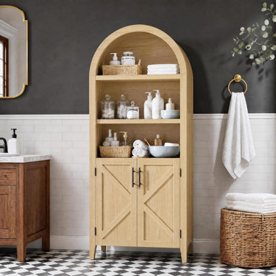 Arched Cabinet with Doors, 5-Tier Kitchen Pantry Cabinet with Adjustable Shelves, Wooden Open Farmhouse Storage Organizer for Kitchen, Dining Room, Living Room, Home Office, Natural Oak