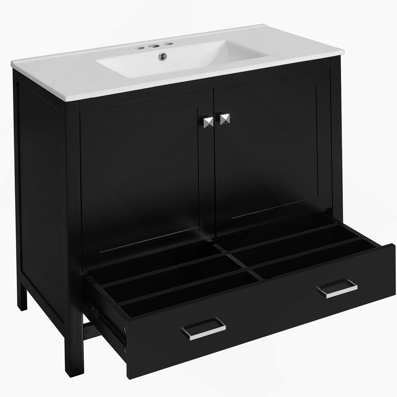 Meuble-lavabo de salle de bain avec lavabo en céramique, portes à fermeture douce, tablettes de rangement doubles et tiroir divisé pour un rangement de salle de bain spacieux et organisé