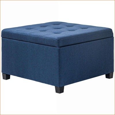 Repose-pieds avec dessus rabattable avec rangement, tissu bleu marine touffeté rétro, cadre en bois d'eucalyptus pour le salon | Bois | Noir