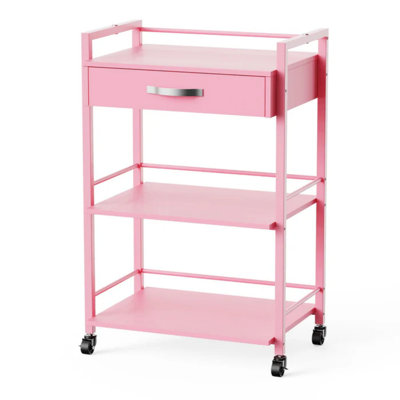 Pink Wooden Rolling Utility Trolley Cart With 1 Drawer 2 Shelves