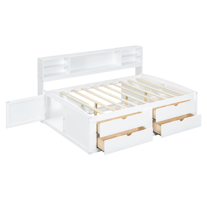 Lit de jour pleine grandeur en bois blanc avec 2 armoires à tablettes de chevet, 4 tiroirs et rangement supérieur - gracieuse, tablettes de table de chevet de taille améliorée, conception chic et efficace