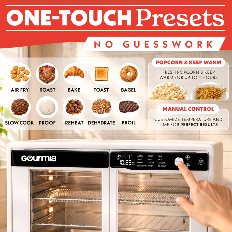 Gourmia 37 Quart Air Fryer Oven with French Doors, 12 Presets, Dehydrate Mode, Fits 13 Inch Pizza, 1700W, White, White