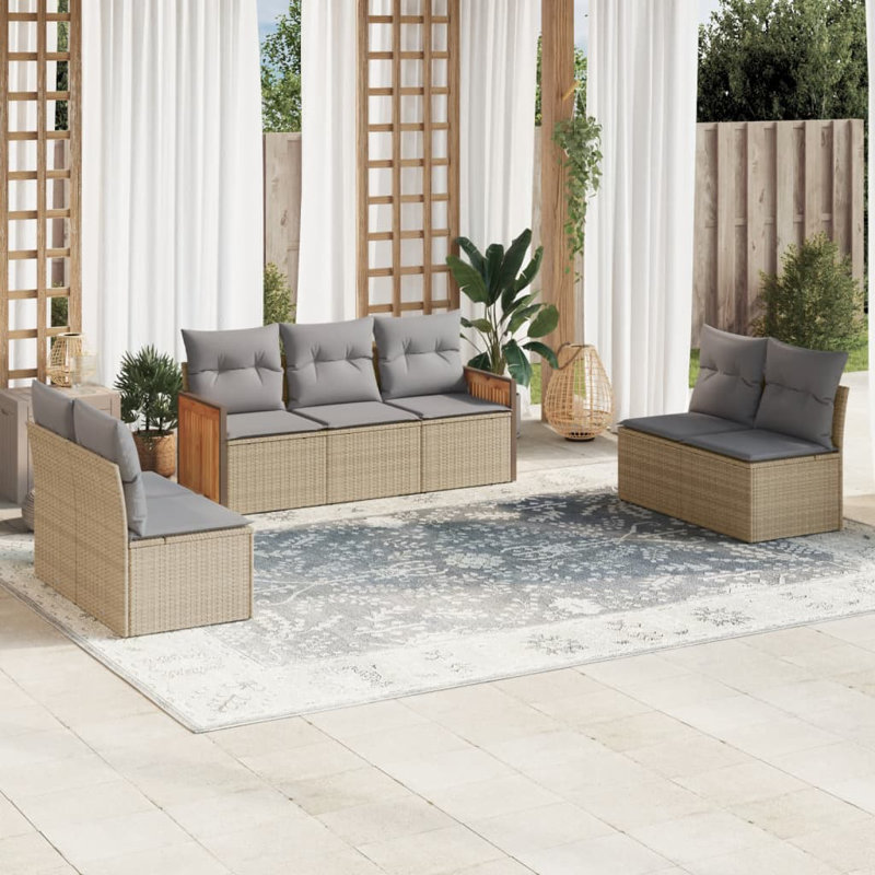  Garden Sofa Set Beige PE Rattan 7 Piece Adjustable Armrests