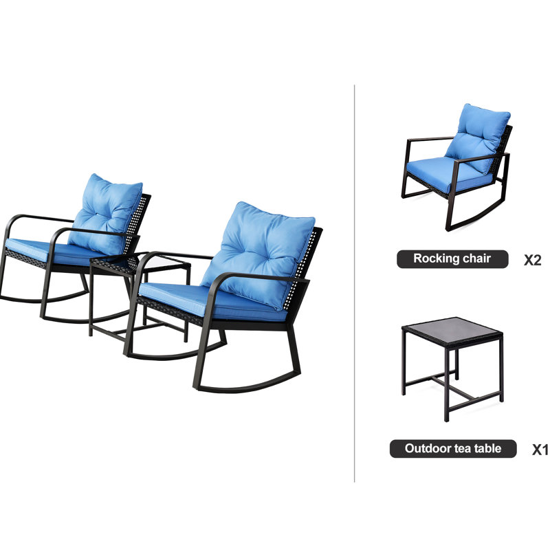 2 Person Outdoor Patio Seating Group - Blue Cushion Chairs Weather For Garden, Terrace, Pool Rocking Chair 3 Pieces With Cushions Lawn, Poolside, Garden Metal & Pe