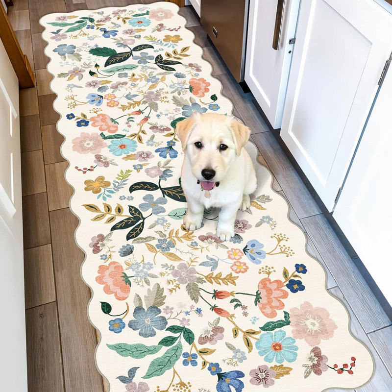 Floral Scalloped Kitchen Runner Rug Washable, 2' x 6'
