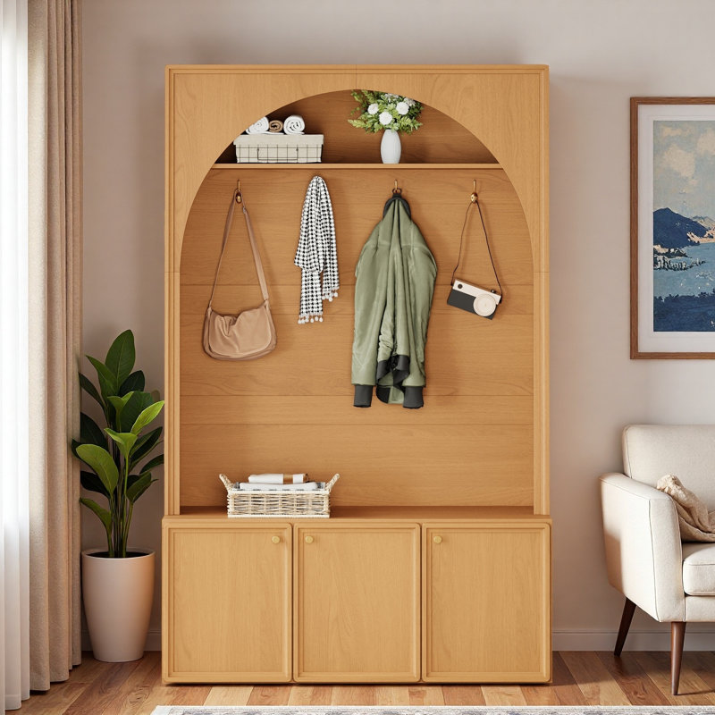 Retro Arched Hall Tree With Adjustable Shelves, Bench, Cabinets, Coat Rack And Open Shelving, Natural