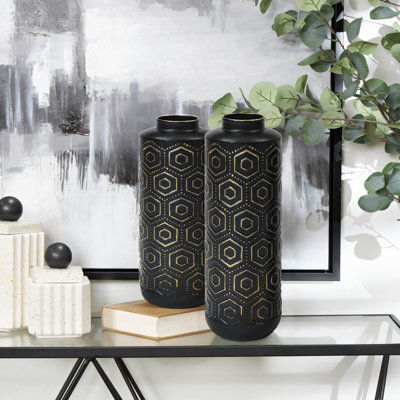 2-Piece Modern Geometric Metal Black Vases for Home Decor