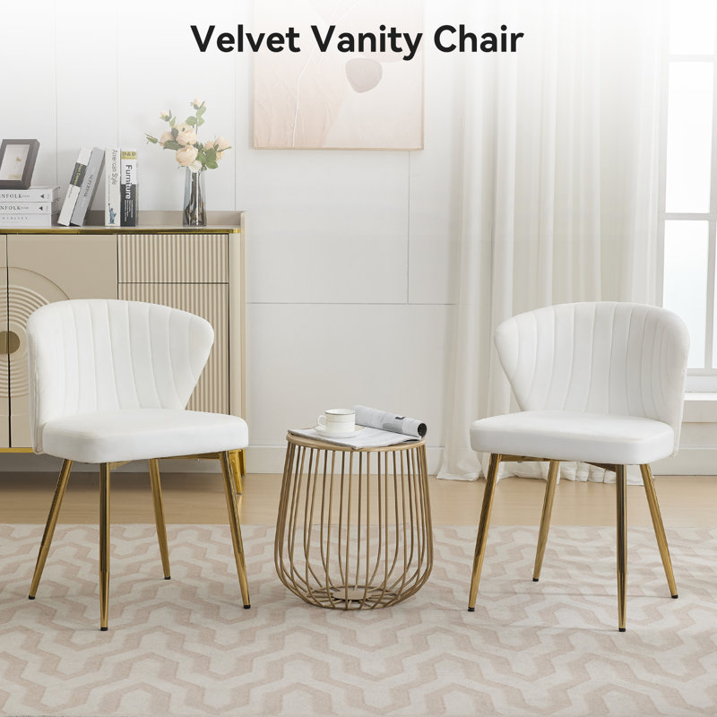 Velvet Upholstered Vanity Accent Chair with Gold Metal Legs, White
