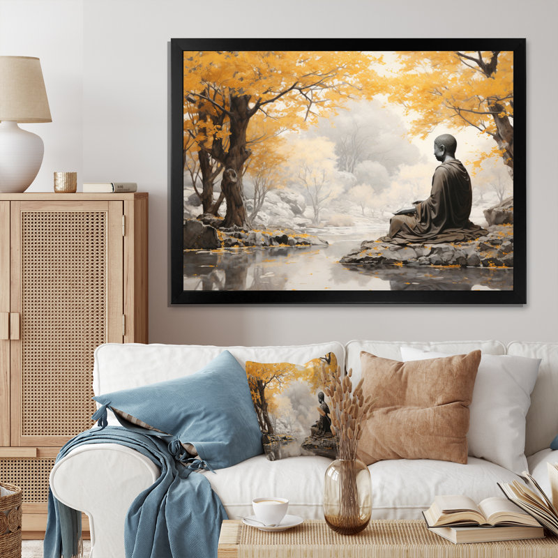 «Bouddha gris et jaune, chemin éclairé III», reproduction d'art sur toile, Cadre photo noir, H 24 po x l 32 po x P 1 po