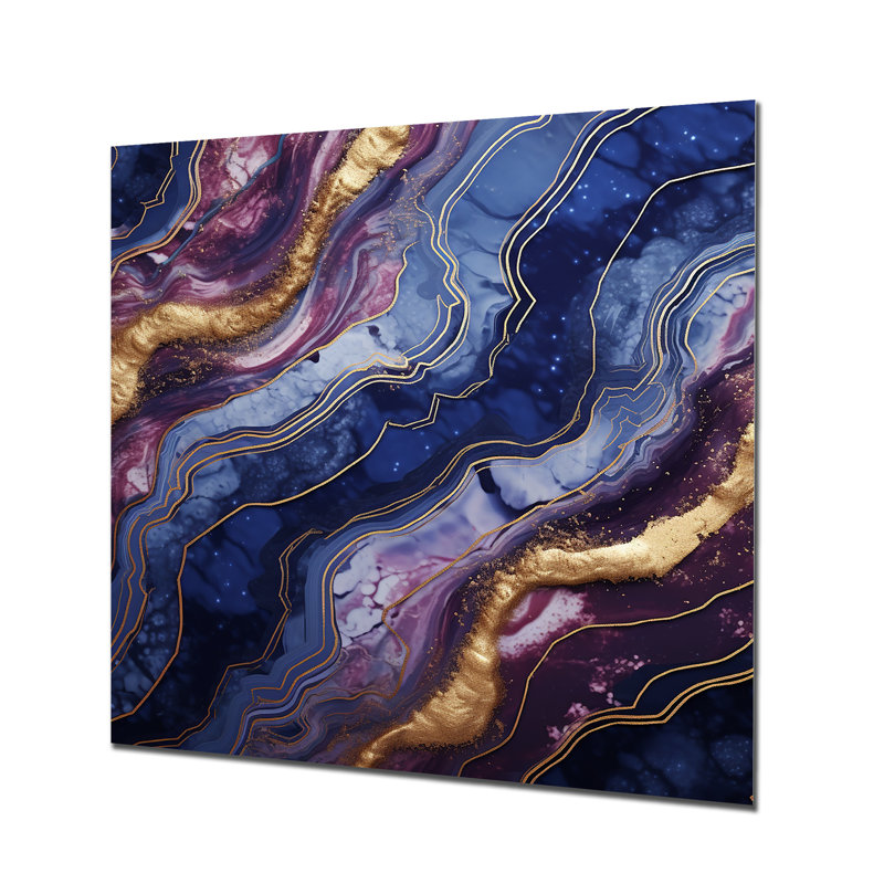Essence de marbre abstraite bleue et dorée IV - décoration murale en marbre, H 16 po x l 16 po