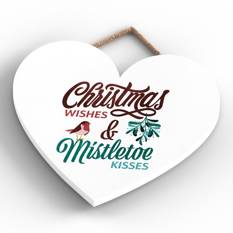 Wishes Kisses Wooden Heart Hanging Plaque, 16cm H x 17cm W x 0.9cm D