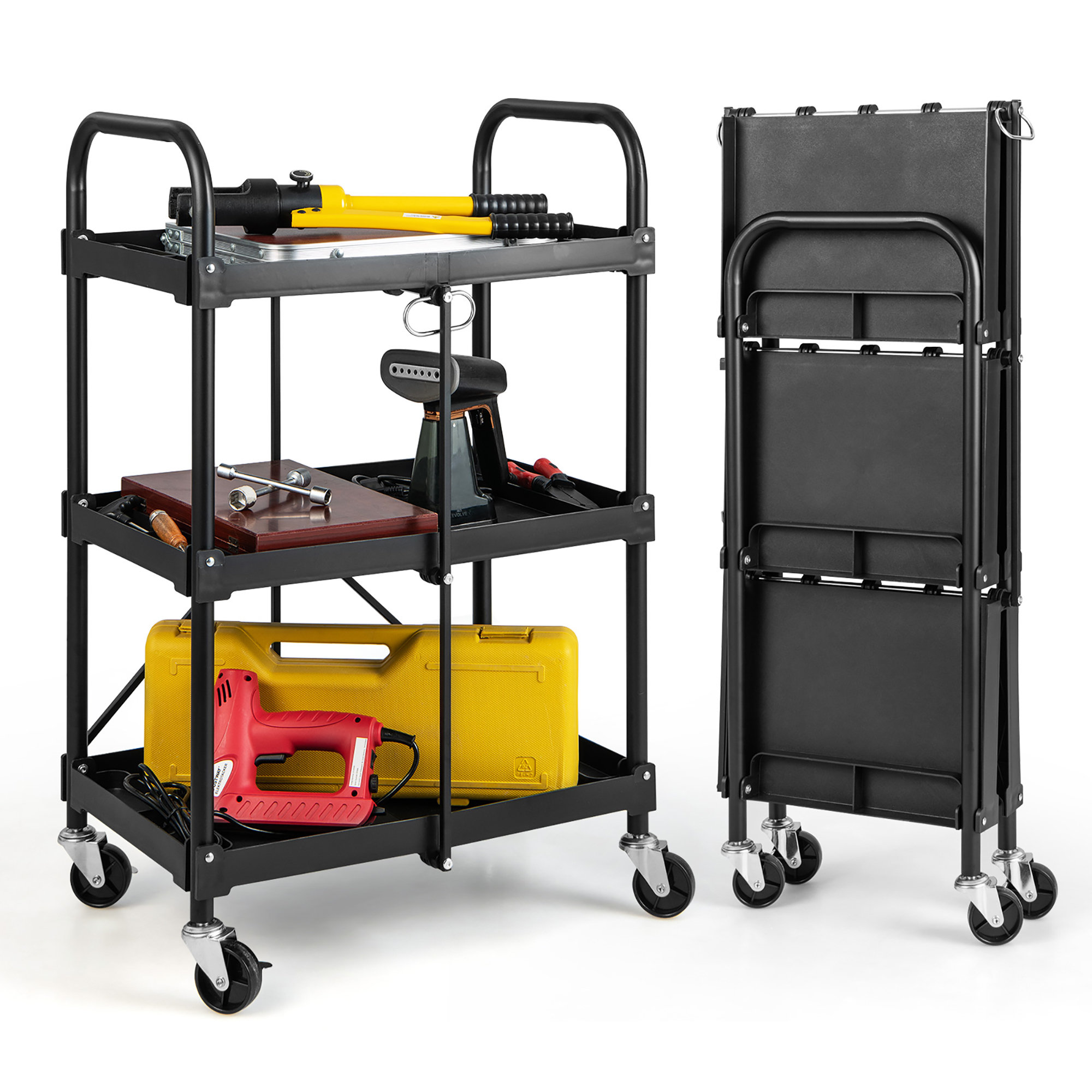 Costway 3-Tier Utility Cart Heavy Duty Wire Rolling Cart w/Handle Bar  Storage Trolley