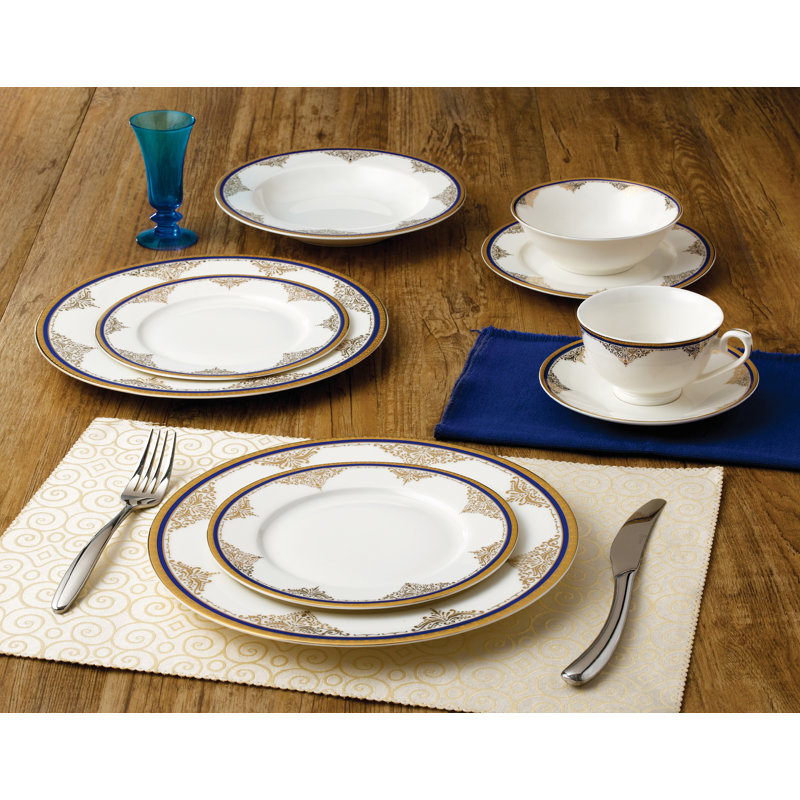 Elegant Round White and Gold Porcelain Dinnerware Set, Service for 8