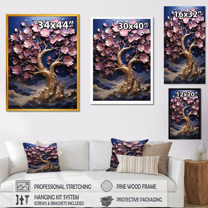 Orchidée dorée, jardin de branches III - art mural arbre, Toile tendue, H 32 po x l 24 po