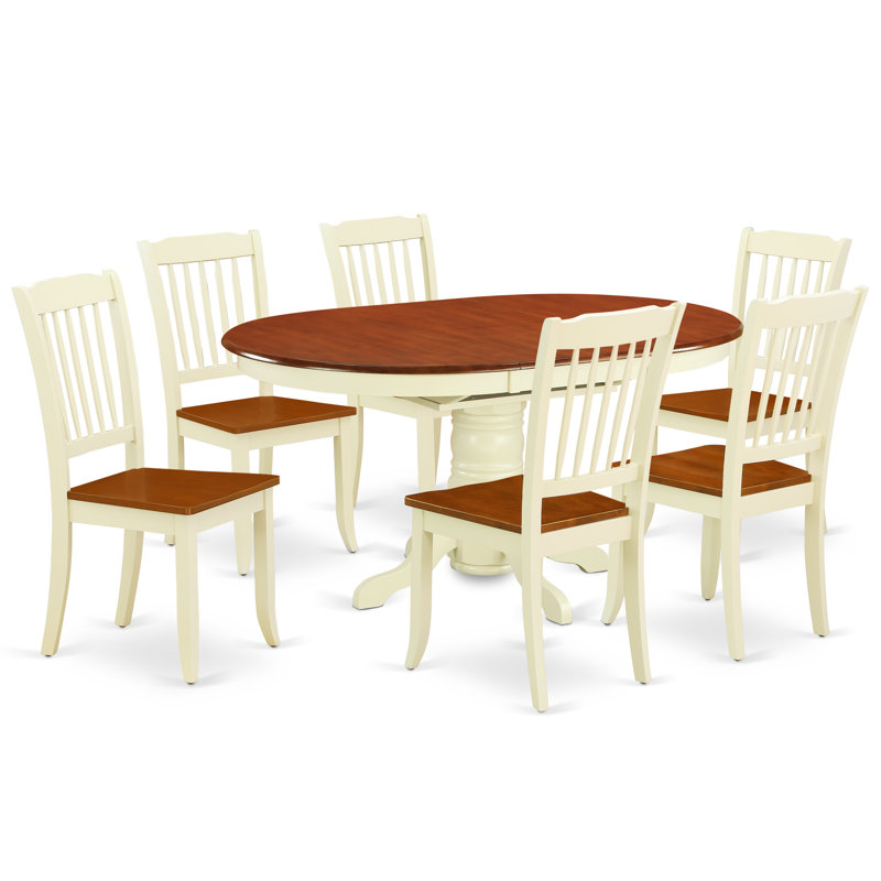 Ensemble de salle à manger 7 pièces comprenant une table ovale à rallonge papillon et 6 chaises en bois, 107 x 152 cm, couleur crème et cerisier.