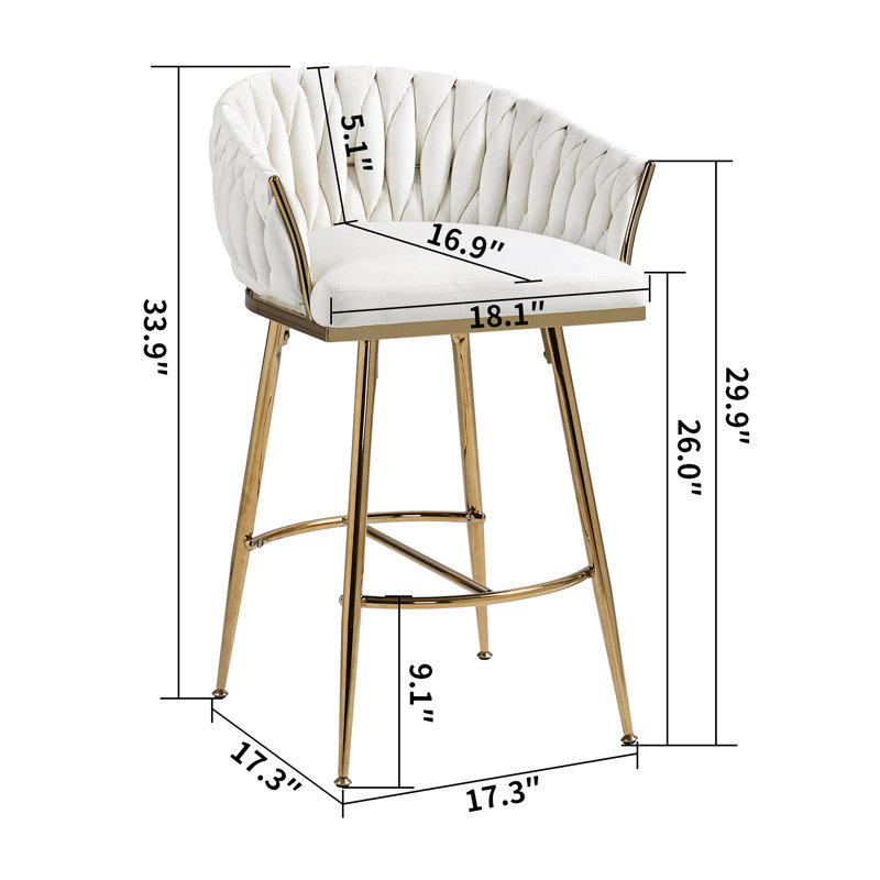 Tabouret de bar 26 po à hauteur de comptoir en velours pour îlot de cuisine avec dossier ondulé à la main, base chromée dorée et repose-pieds