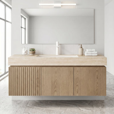 Meuble-lavabo flottant 48 po avec lavabo en céramique blanc encastré, armoire de rangement murale en contreplaqué avec tiroir et portes en brun clair, plateau en pierre frittée Roma Travertine avec 1 trou de robinet pré-percé, pré-assemblé