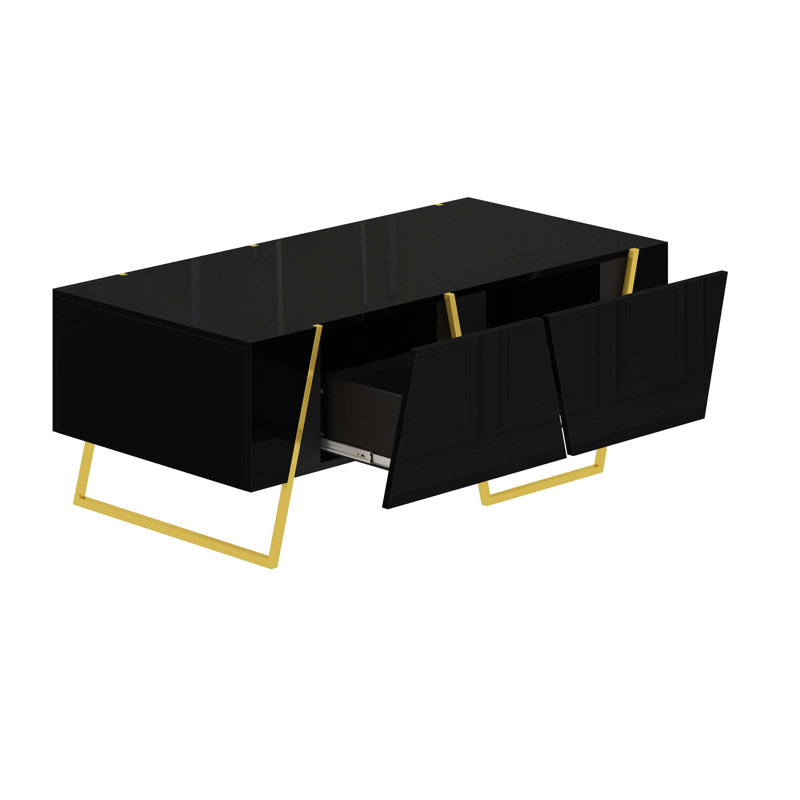 Table basse rectangulaire moderne à haute brillance avec 4 tiroirs et base dorée, parfaite pour les salons élégants et le rangement