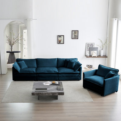 Canapé modulaire 1 + 3 places bleu - rembourré pour le salon avec meubles en chenille 3 matériaux et structure respirants