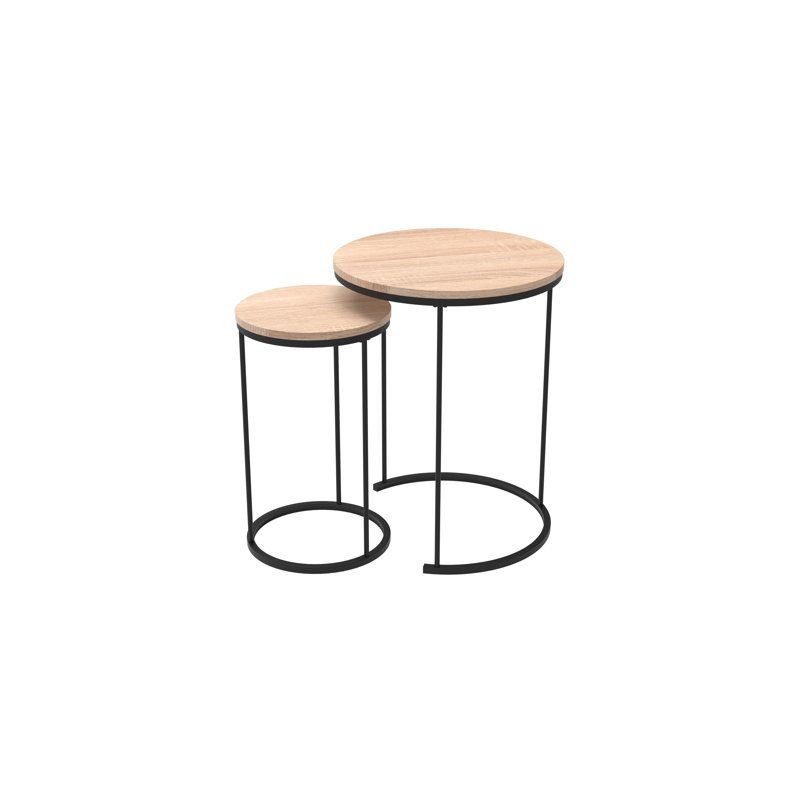 Ensemble de tables de bout gigognes 2 pièces, tables de bout en placage de bois moderne avec pieds en métal noir, tables de salon peu encombrantes