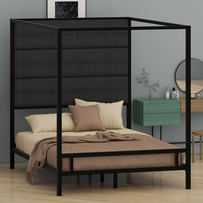 Linen Upholstered Headboard Bed Set Featuring Modern Metal Four-Poster Frame