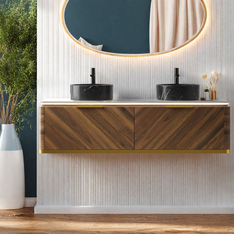 Meuble-lavabo moderne 60 po avec rangement, plateau en pierre frittée et armoire en bois