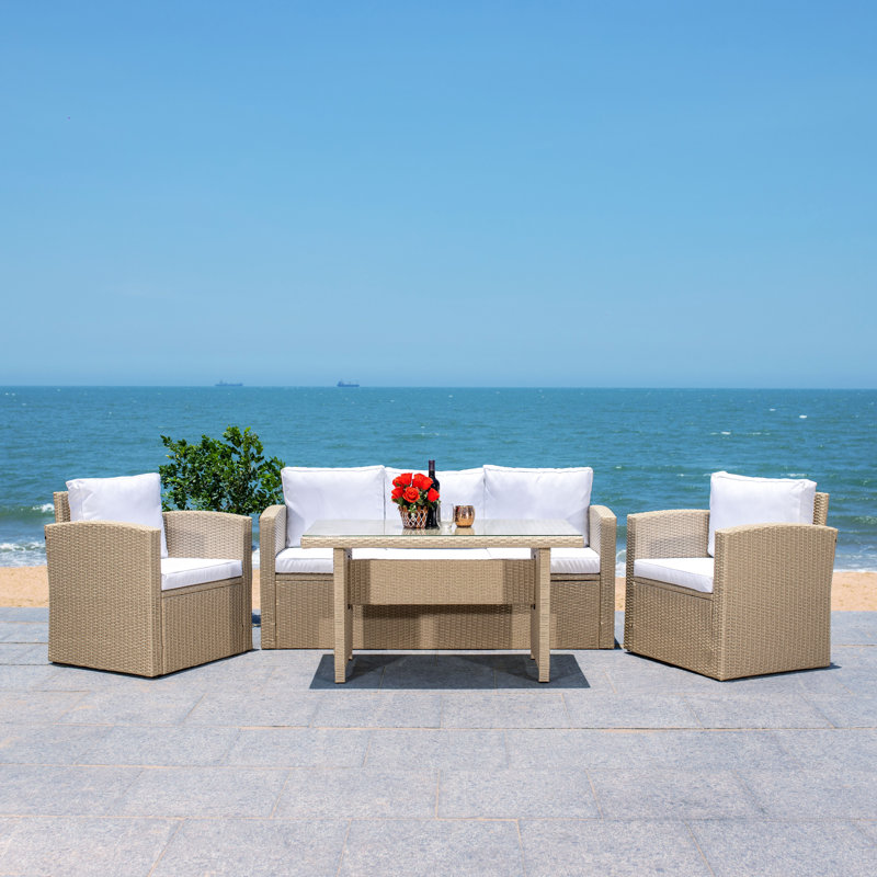 Curstin 5 - Person Wicker Patio Dining Set with Rectangular Table , Cushions Included, Beige
