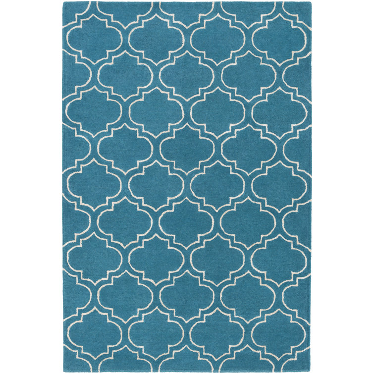 Tapis décoratif bleu sarcelle en laine Touffeté à la main à motif géométrique Shandi