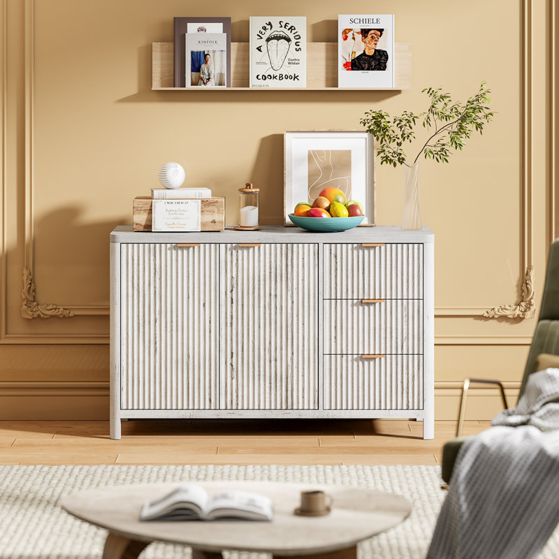 Fluted Storage Cabinet 2 Door with Drawer & Adjustable Shelf, Light Gray