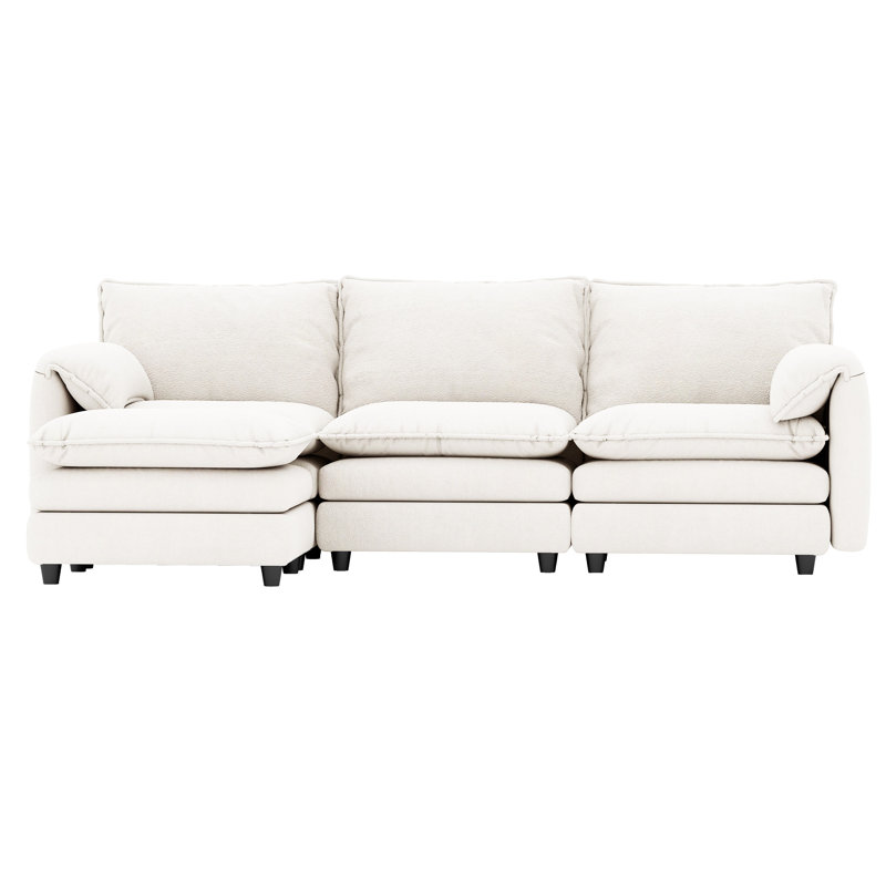  4-Piece 106''W Velvet Upholstered Reversible L-Shape Sectional Sofa With Ottoman, White Velvet