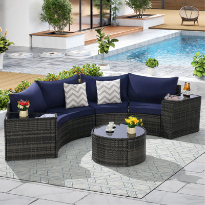 Ensemble de canapé modulaire d'extérieur demi-lune 7 pièces avec table basse ronde en verre trempé