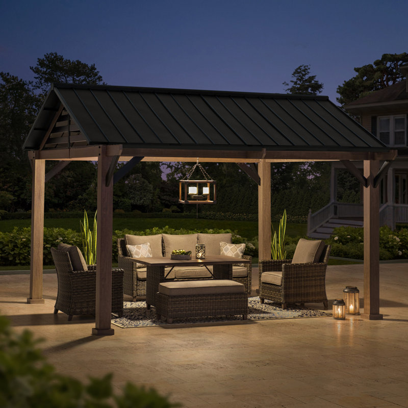 Sunjoy Hardtop Gazebo 13 x 13 ft. Outdoor Galvanized Steel Gazebo with Metal Gable Roof and Ceiling Hook, Suit for Patio and Backyard