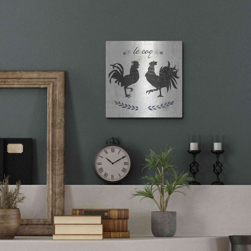 «Le Coq Silhouette Sq Words» par Courtney Prahl, art mural en métal, H 12 po x l 12 po