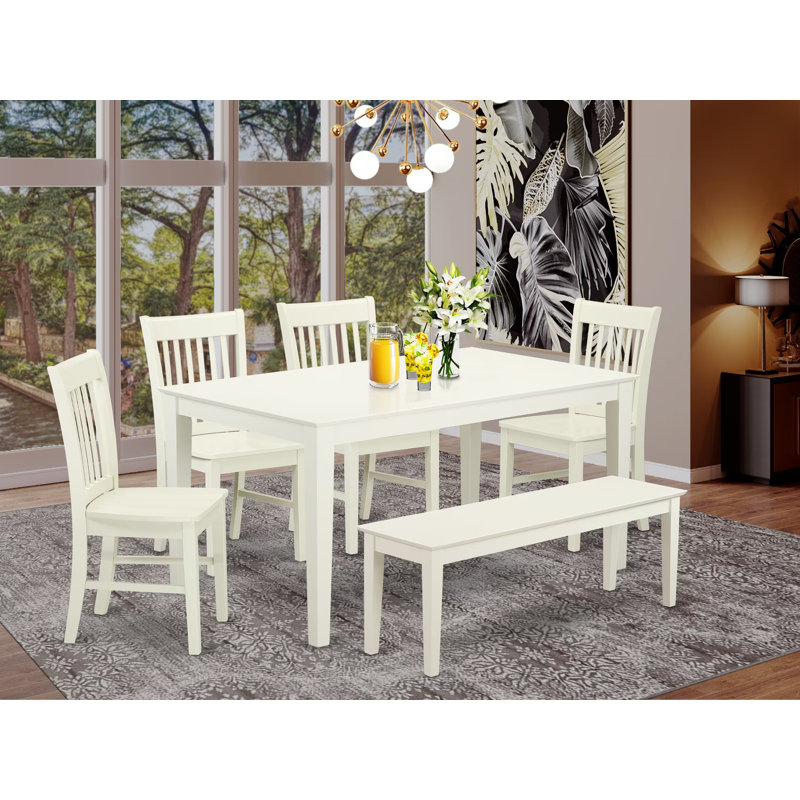 5 Piece Dining Table Set for 4 Includes a Rectangle Kitchen Table and 2 Dining Room Chairs with 2 Benches, 36x60 Inch, Linen White