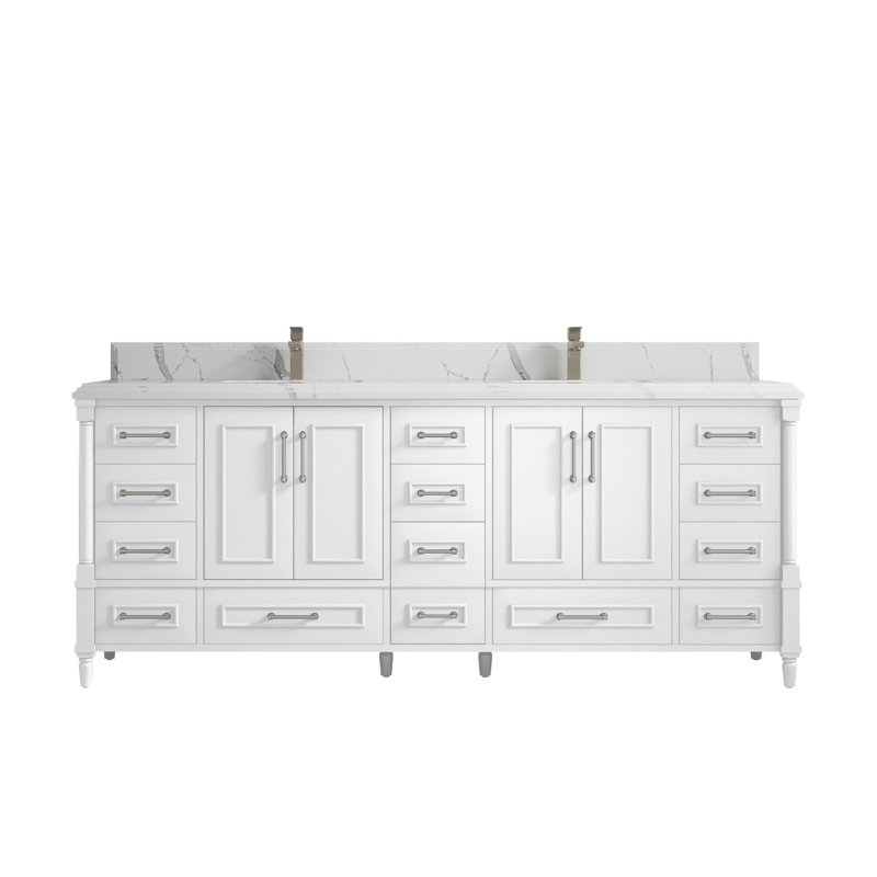 Meuble-lavabo double l 84 po x P 22 po x H 36 po Flavell, Calacatta Laza, Blanc