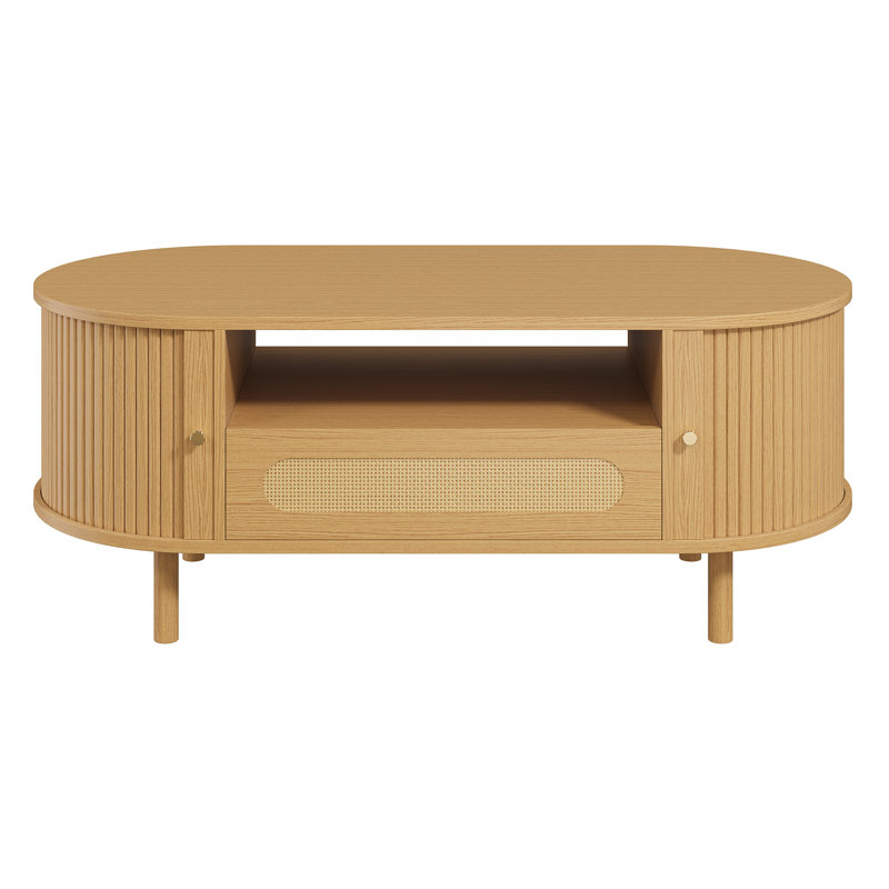 47.2" Mid-century Modern Oval Coffee Table With Rattan Sliding Door, Drawer & Open Storage, Solid Wood Legs, Oak